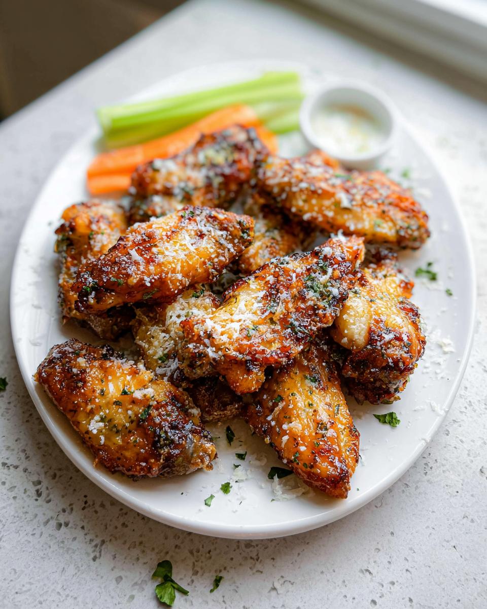 A plate of crispy Garlic Herb Buttermilk Baked Wings topped with grated Parmesan cheese and parsley.