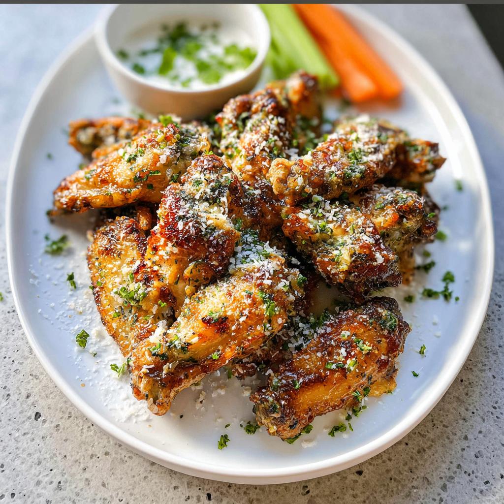 A plate of crispy Garlic Herb Buttermilk Baked Wings topped with grated Parmesan cheese and parsley.