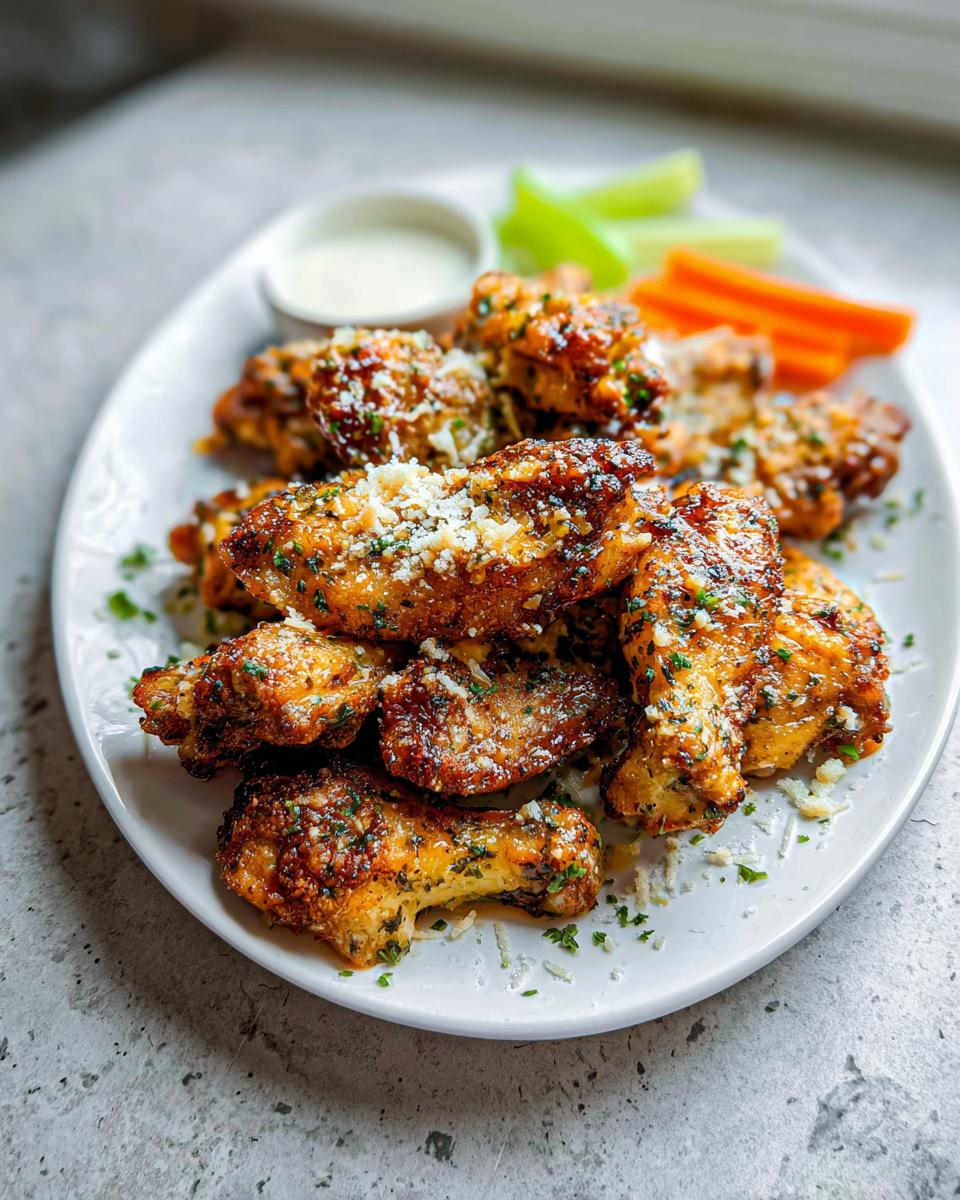 A plate of crispy Garlic Herb Buttermilk Baked Wings topped with grated Parmesan cheese and parsley.