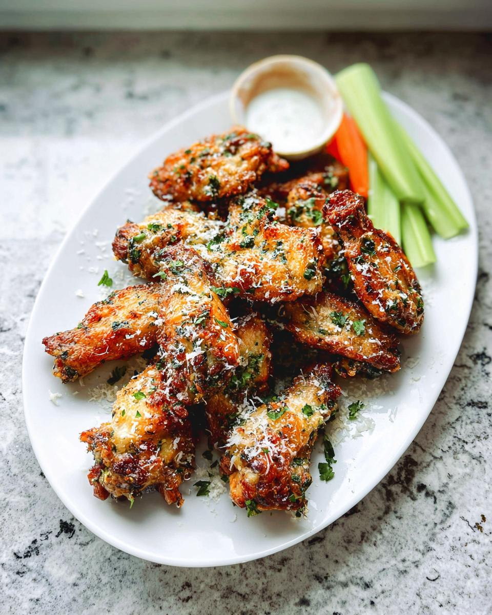 A platter of crispy Garlic Herb Buttermilk Baked Wings topped with grated Parmesan and parsley.