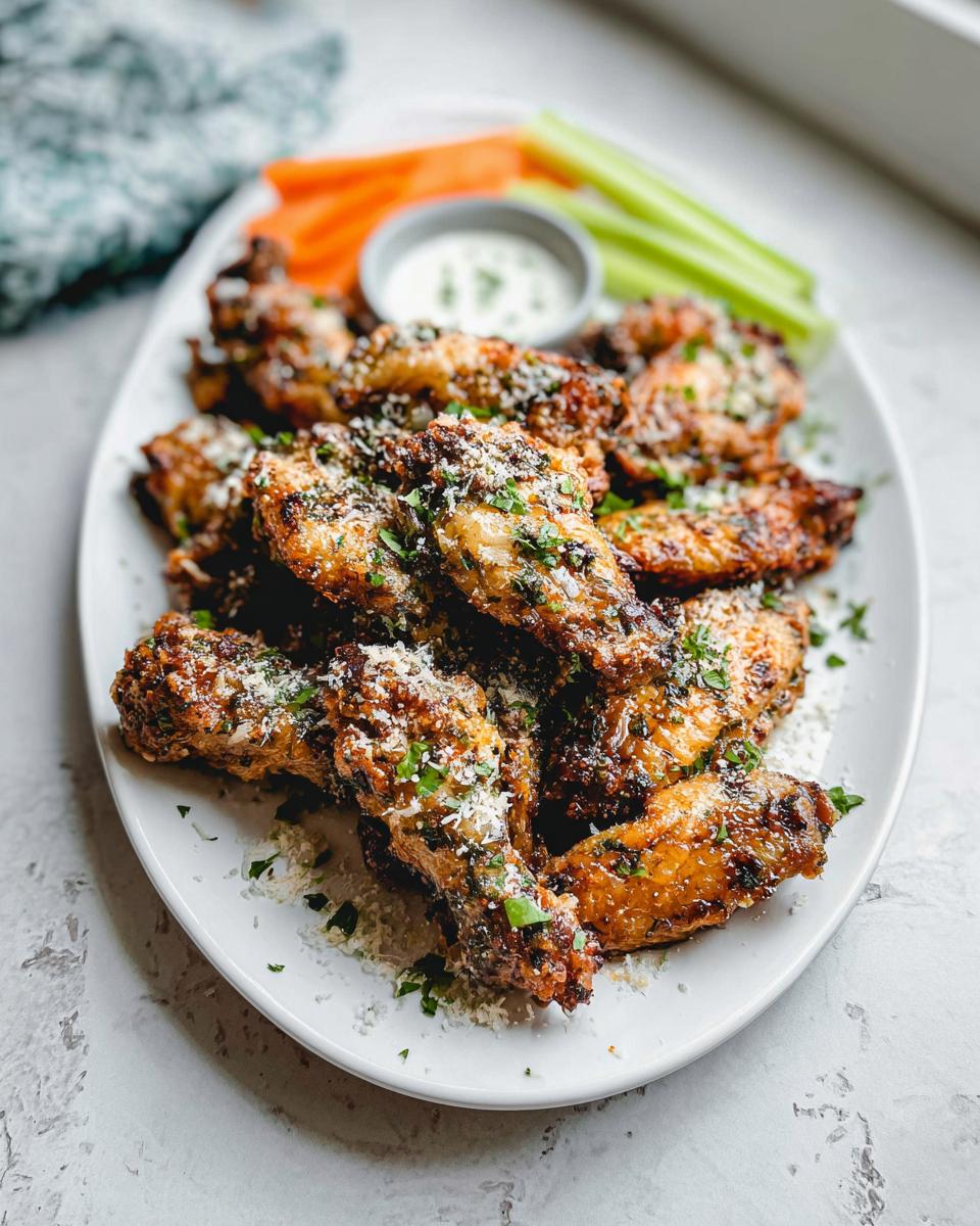 A platter of crispy Garlic Herb Buttermilk Baked Wings topped with grated Parmesan and parsley, served with celery, carrots, and dip.
