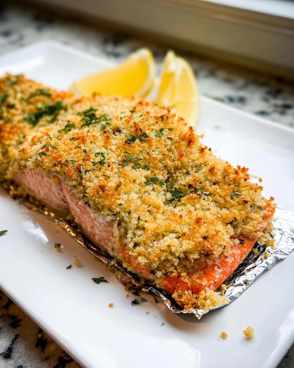 A perfectly cooked fillet of Garlic Herb Panko Crusted Salmon on a white plate with lemon wedges.