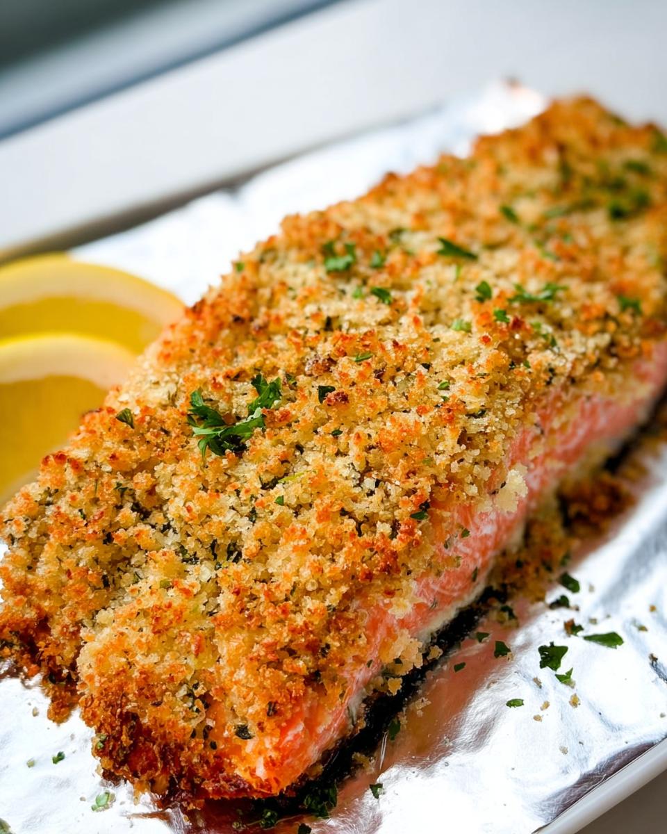 A perfectly baked fillet of Garlic Herb Panko Crusted Salmon resting on foil with lemon slices nearby.