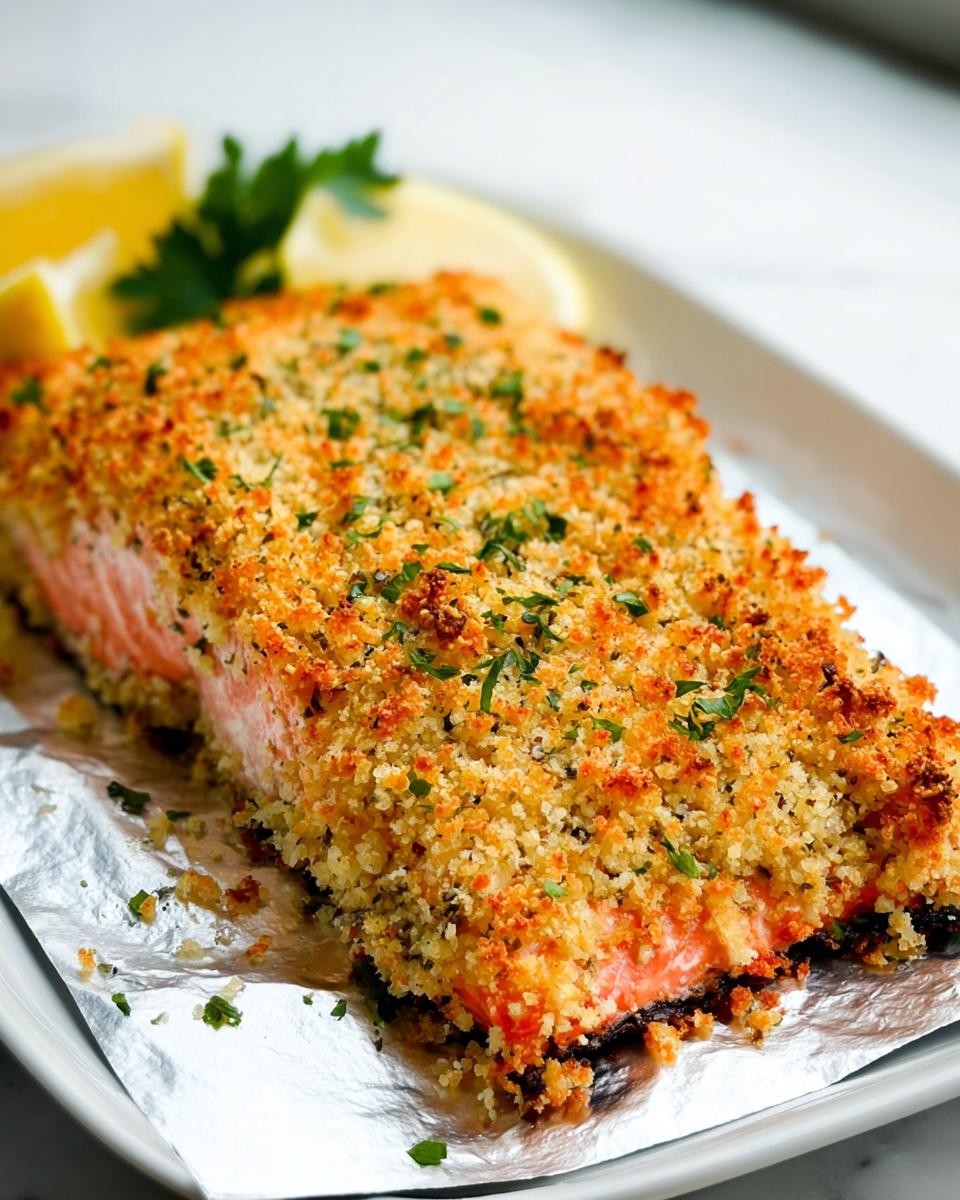 Close-up of a perfectly baked Garlic Herb Panko Crusted Salmon fillet with a golden crust, served with lemon wedges.