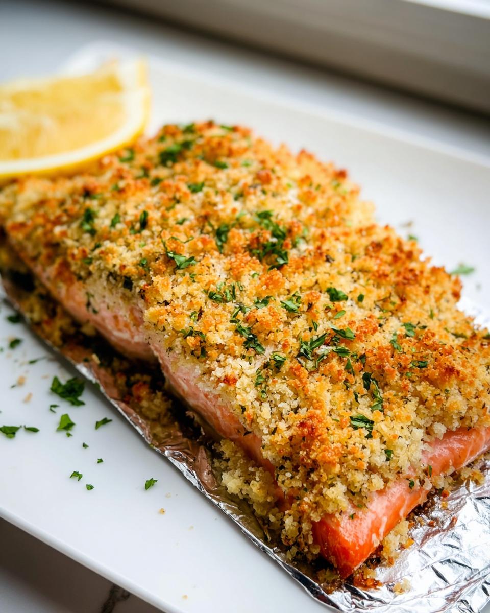 A perfectly cooked fillet of Garlic Herb Panko Crusted Salmon topped with golden crumbs and parsley, served with a lemon wedge.