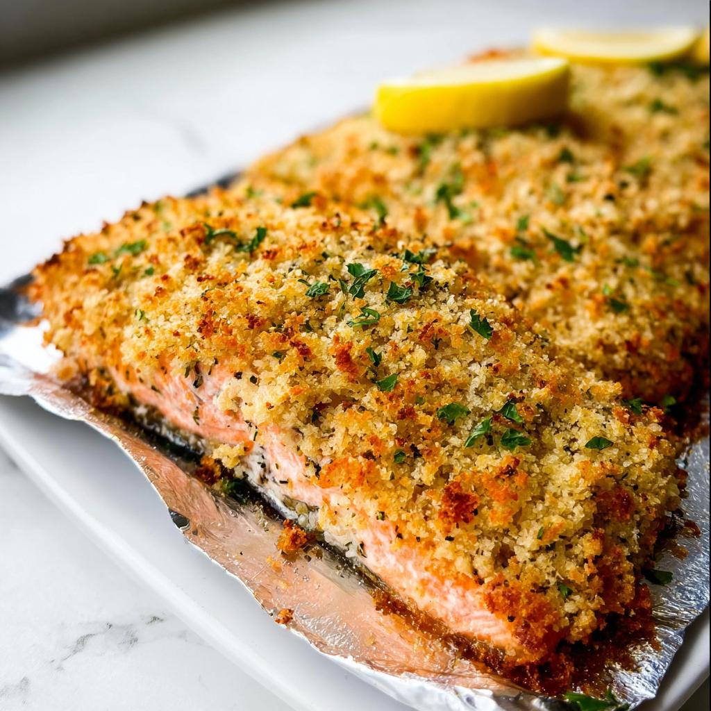 A close-up of a perfectly baked Garlic Herb Panko Crusted Salmon fillet topped with golden crumbs and parsley.