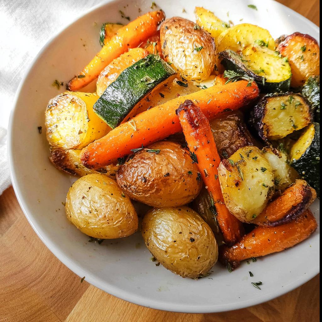 A close-up of roasted vegetables featuring golden potatoes, bright carrots, and zucchini seasoned with herbs.