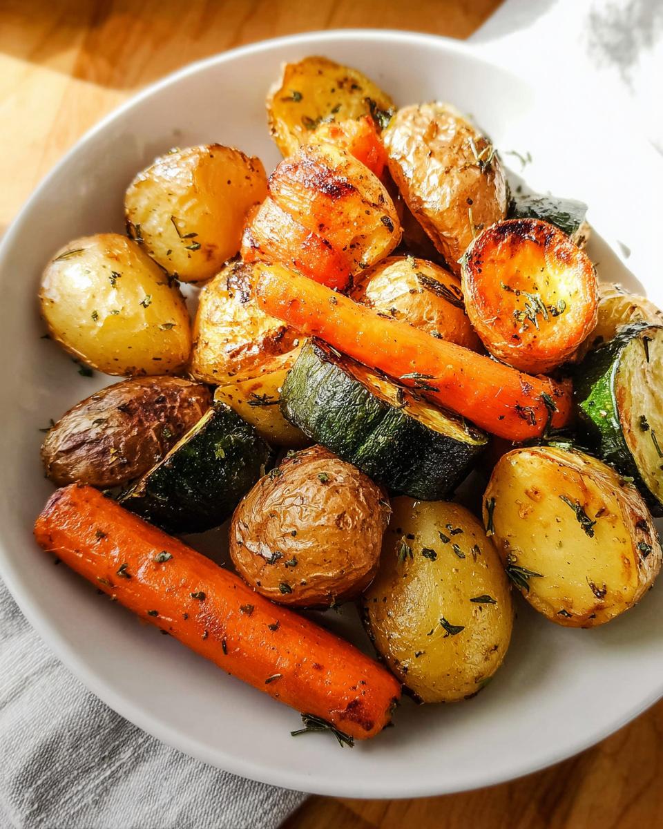 A white bowl filled with roasted Garlic Herb Roasted Potatoes, Carrots, and Zucchini seasoned with herbs.