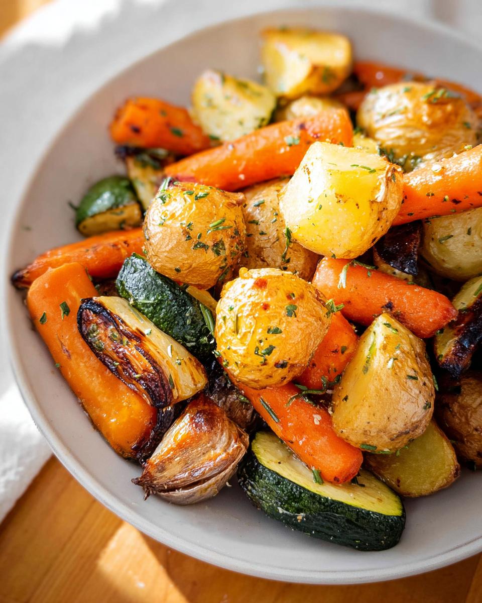 Close-up of roasted vegetables featuring golden Garlic Herb Roasted Potatoes, carrots, and zucchini in a white bowl.