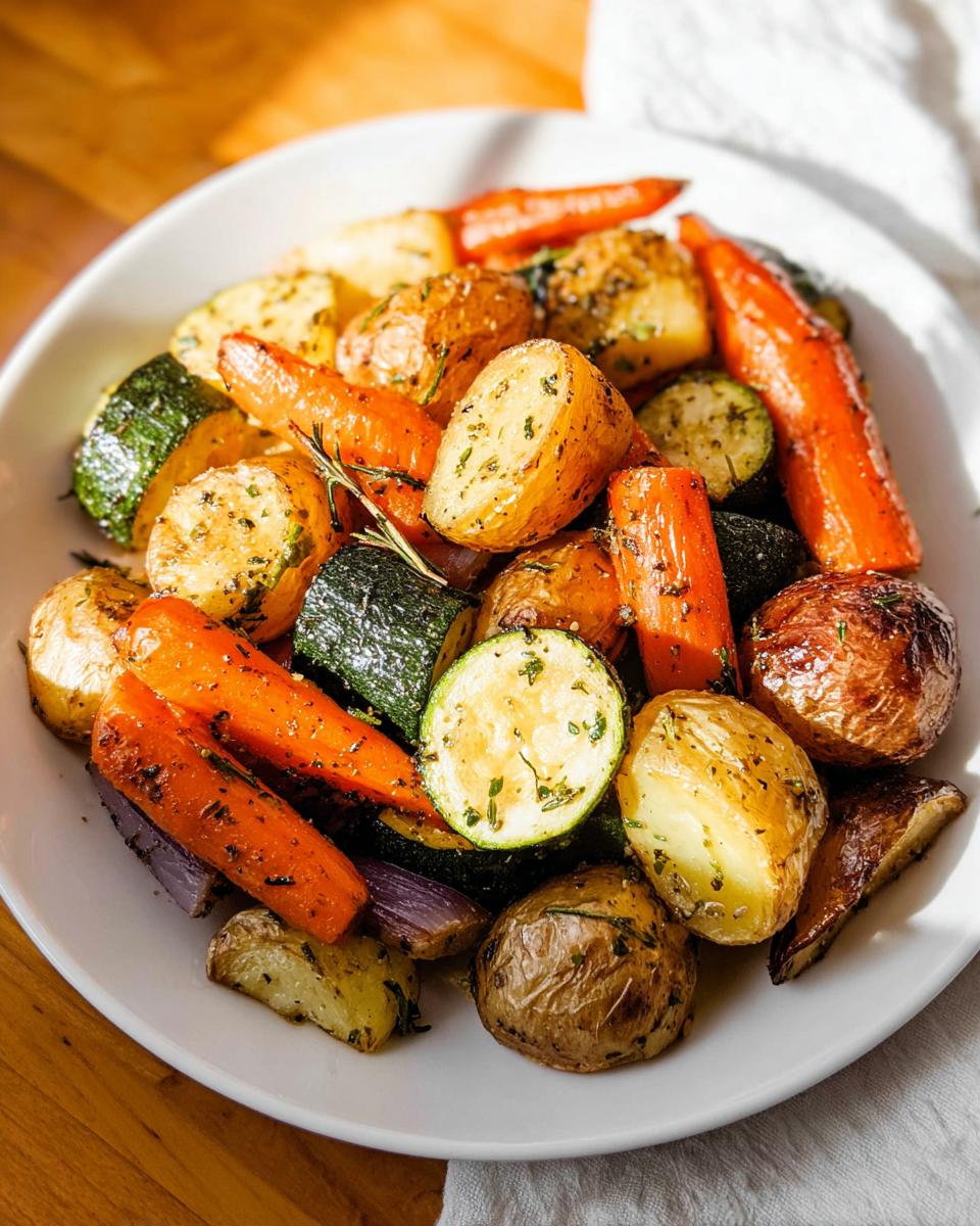 A white bowl filled with beautifully roasted Garlic Herb Roasted Potatoes, Carrots, and Zucchini seasoned with herbs.