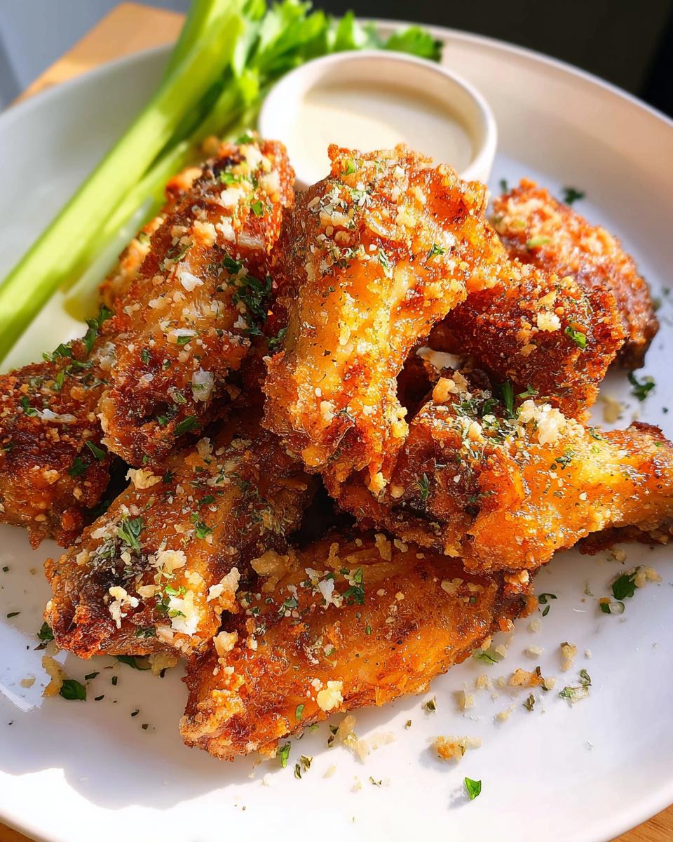 A pile of golden brown Garlic Parmesan Air Fryer Chicken Wings topped with grated cheese and parsley, served with celery sticks and dipping sauce.