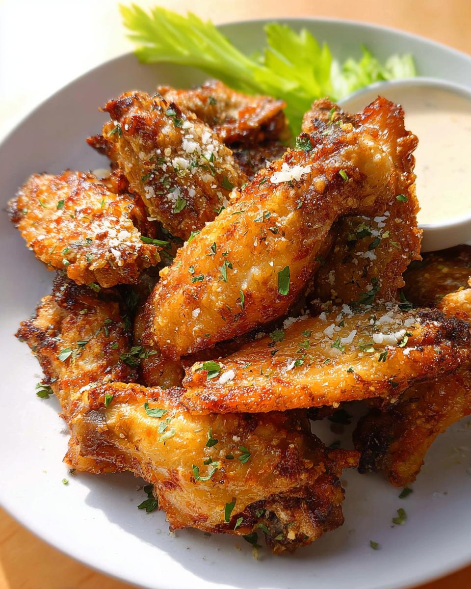 A plate piled high with crispy Garlic Parmesan Air Fryer Chicken Wings, topped with grated cheese and parsley.