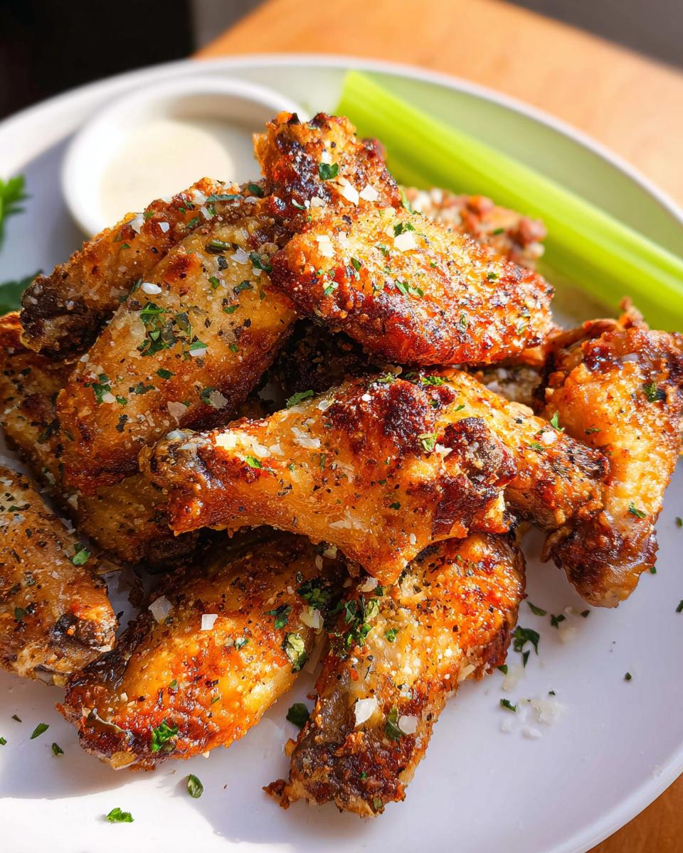A pile of crispy Garlic Parmesan Air Fryer Chicken Wings topped with grated cheese and parsley.