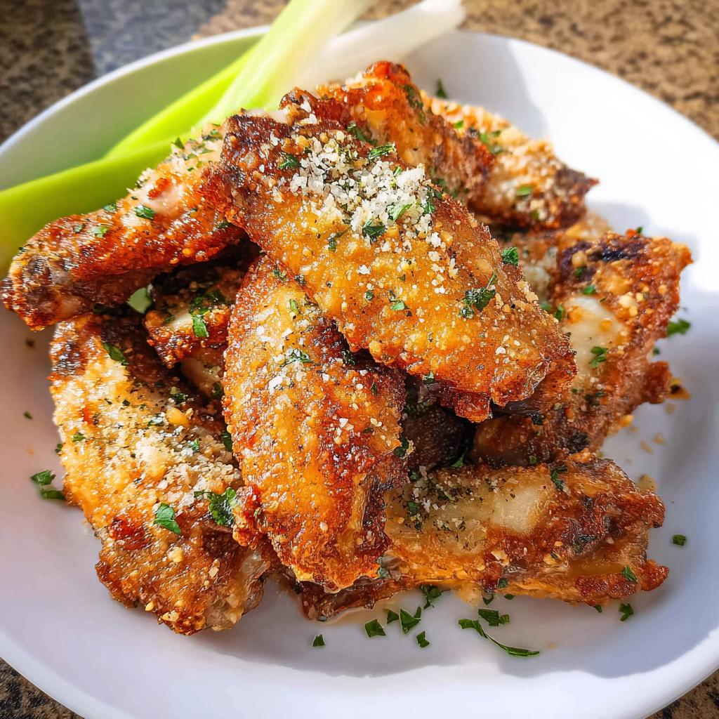 A pile of crispy, golden brown Garlic Parmesan Air Fryer Chicken Wings topped with grated cheese and parsley.