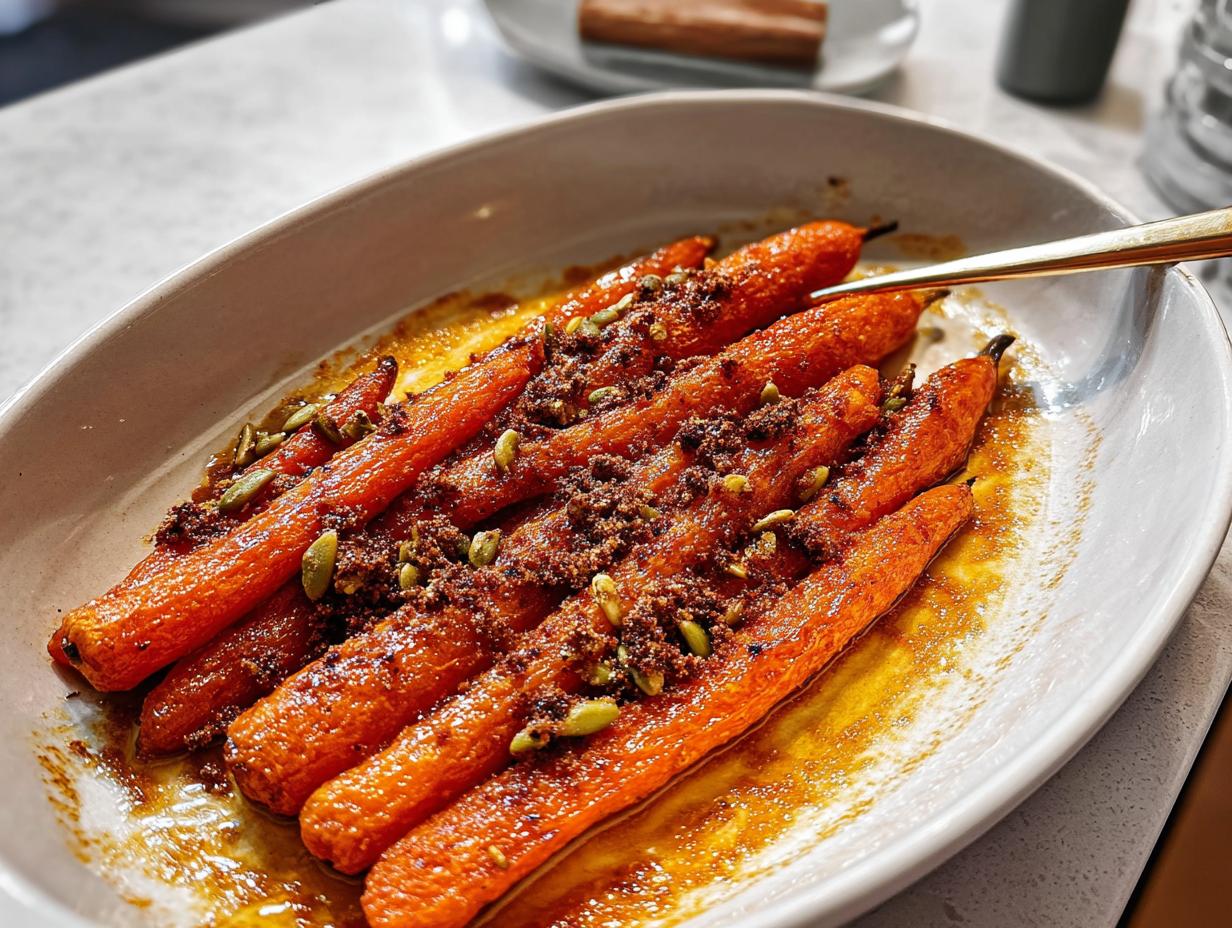 Close-up of glazed roasted carrots topped with brown spice crumble and green pepitas, a perfect addition to Top 25 Thanksgiving Side Dishes.