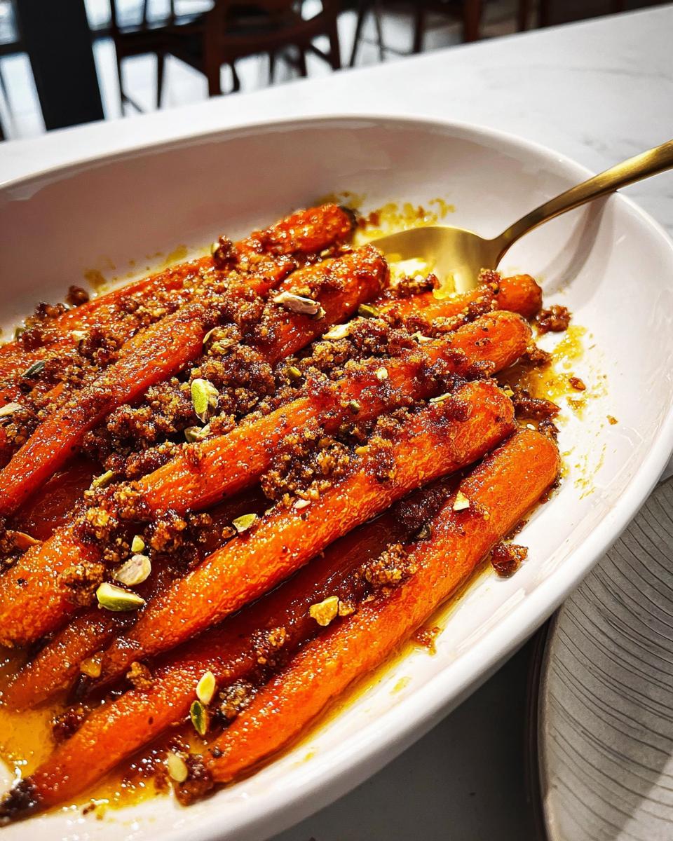 Close-up of glazed carrots topped with a brown sugar crumble and pistachios, a perfect addition to Top 25 Thanksgiving Side Dishes.