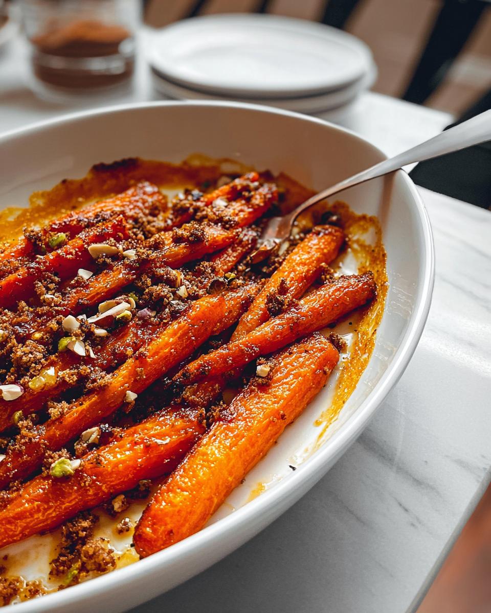 Close-up of glazed roasted carrots topped with a brown sugar crumble and pistachios, a perfect addition to Top 25 Thanksgiving Side Dishes.