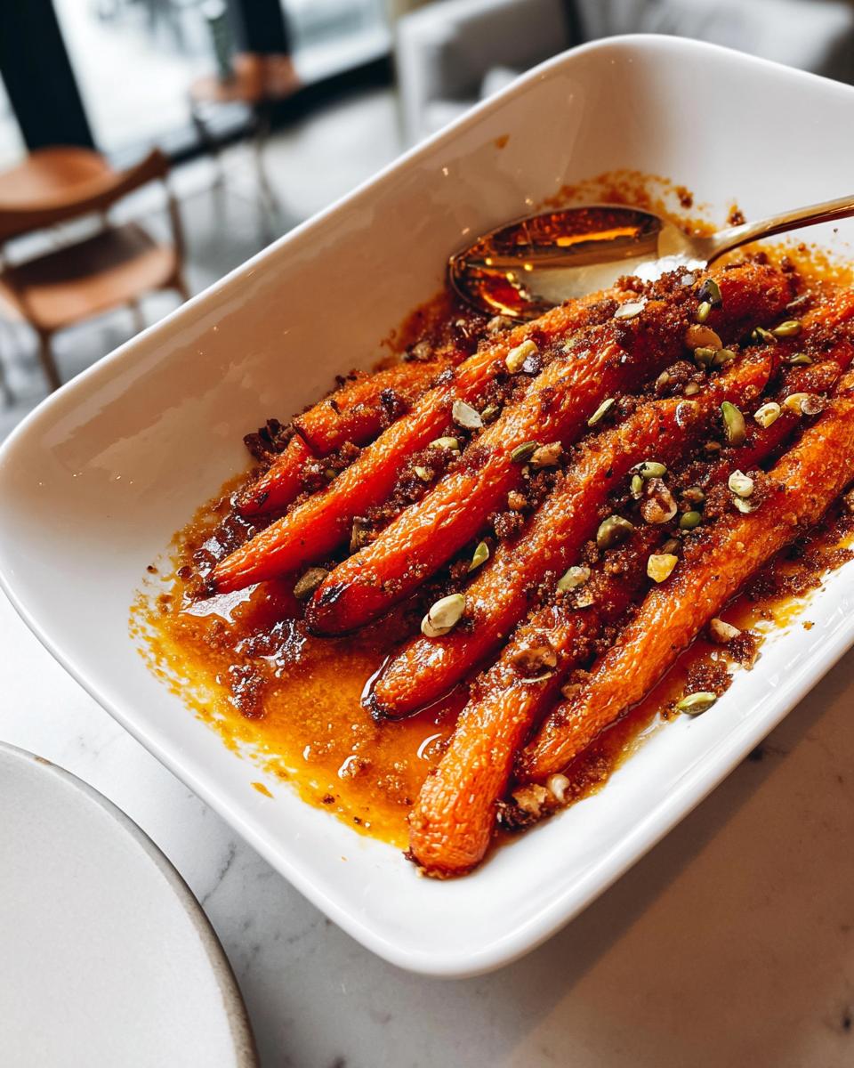 Close-up of glazed roasted carrots topped with brown sugar crumble and pistachios, a perfect addition to Thanksgiving side dishes.