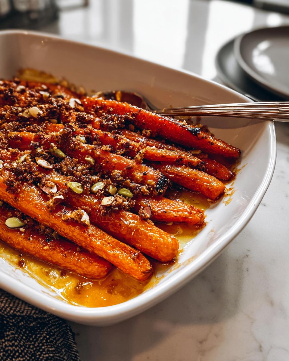 Close-up of glazed roasted carrots topped with brown sugar crumble and seeds, a perfect addition to your Top 25 Thanksgiving Side Dishes.
