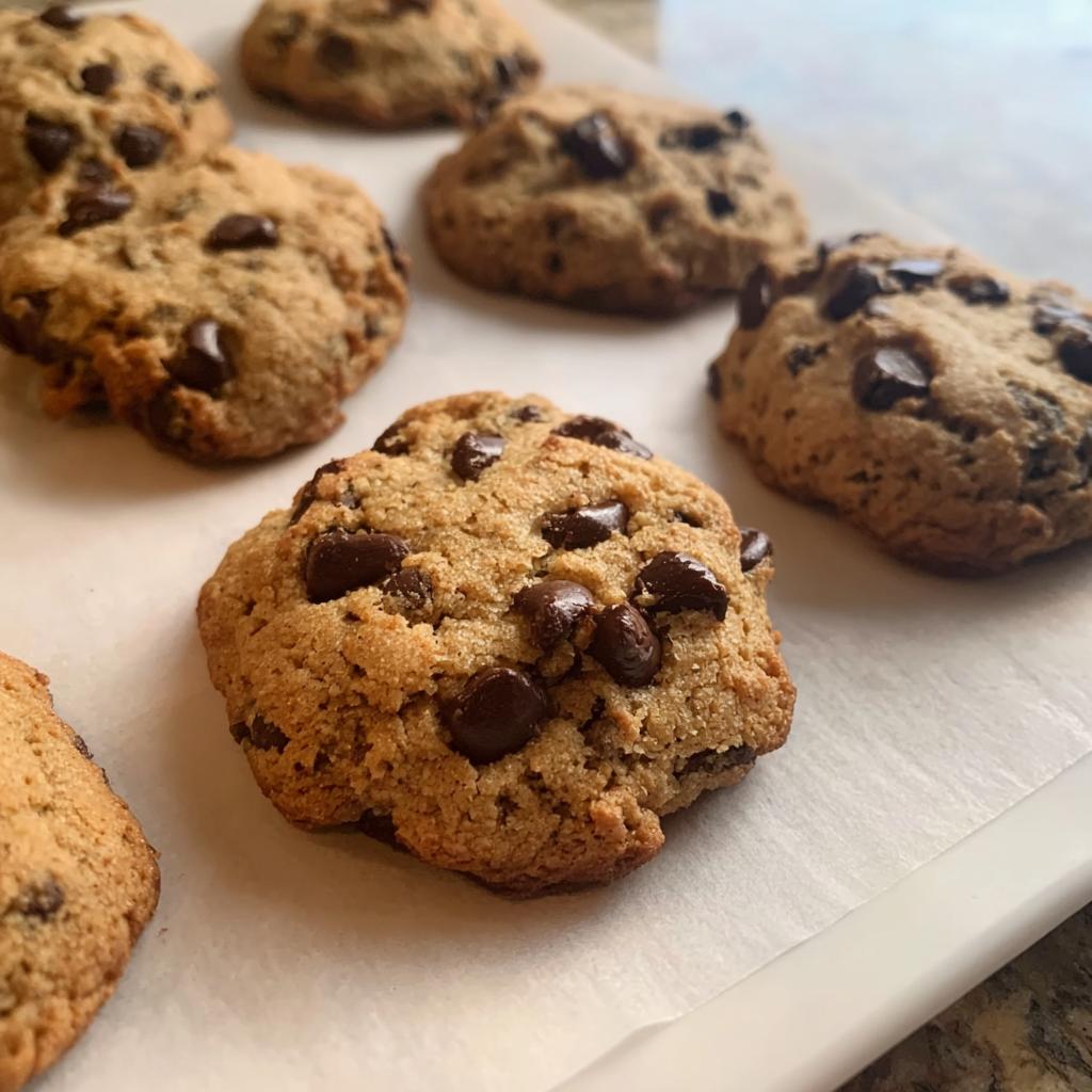 Close-up of several soft, chewy Gluten Free Almond Flour Chocolate Chip Cookies cooling on parchment paper.