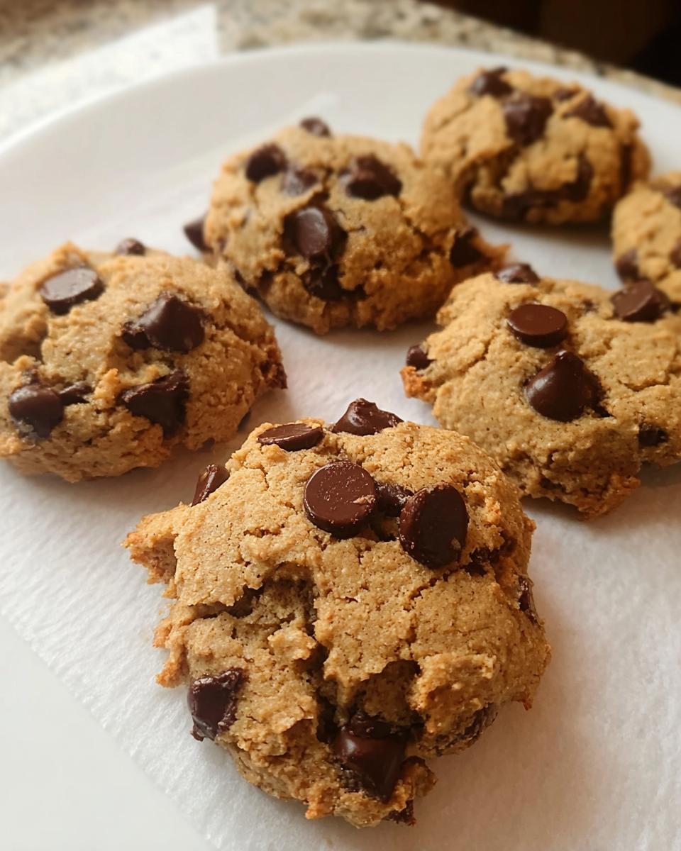 Close-up of several freshly baked Gluten Free Almond Flour Chocolate Chip Cookies studded with melted chocolate chips on a white plate.
