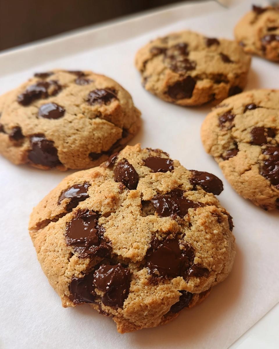 Close-up of several freshly baked Gluten Free Almond Flour Chocolate Chip Cookies with melted chocolate chunks on parchment paper.
