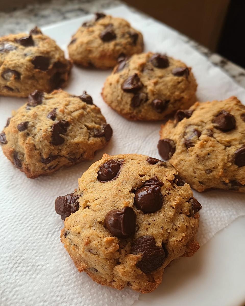 A close-up of several soft, thick Gluten Free Almond Flour Chocolate Chip Cookies cooling on a white paper towel.