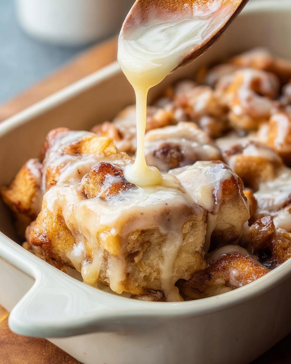 A wooden spoon pours thick white icing over a serving of Gooey Cinnamon Roll Bread Pudding in a white baking dish.