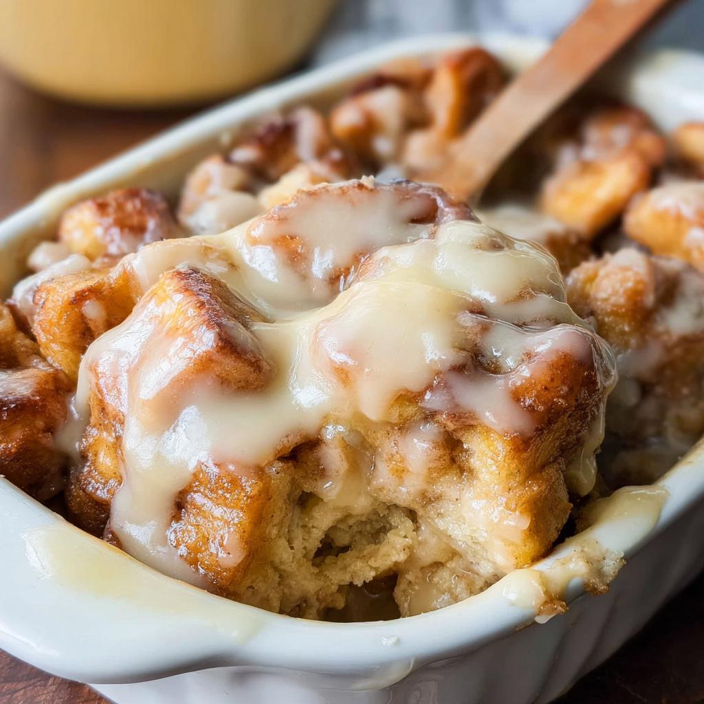 A close-up of a serving of Gooey Cinnamon Roll Bread Pudding topped with thick vanilla icing.