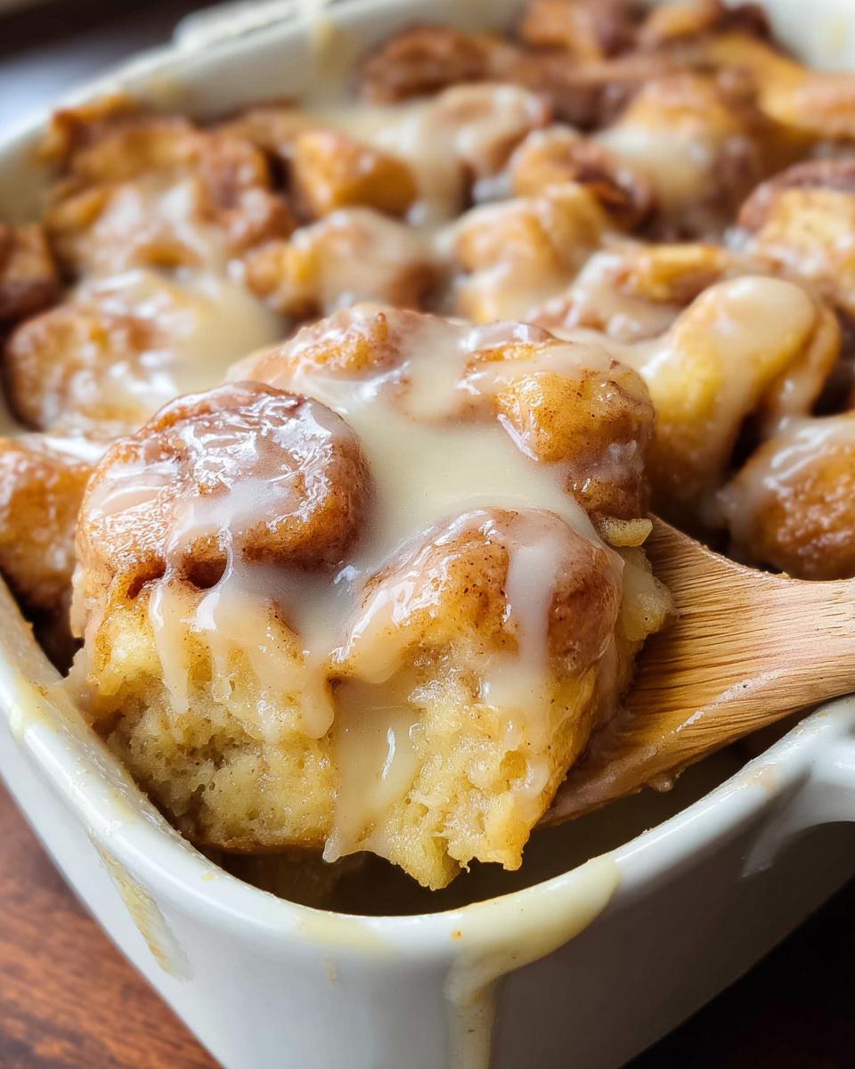 A wooden spoon lifts a portion of Gooey Cinnamon Roll Bread Pudding covered in thick white icing from a white baking dish.
