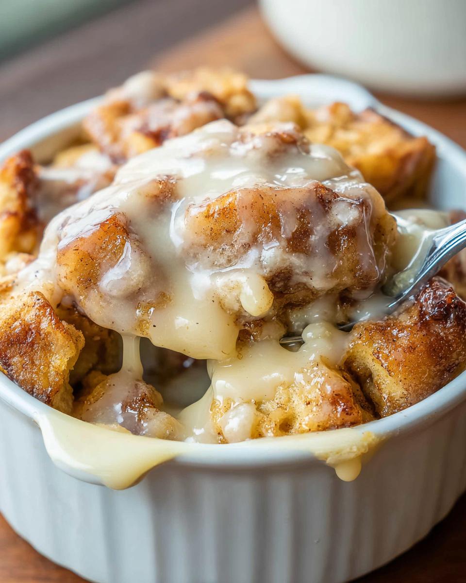 A spoonful being lifted from a white ramekin filled with Gooey Cinnamon Roll Bread Pudding covered in thick vanilla glaze.