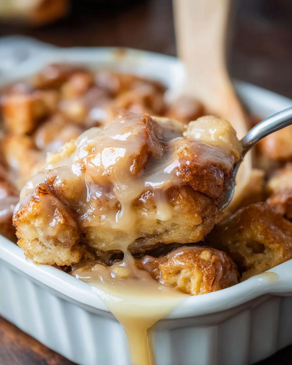 A spoonful of Gooey Cinnamon Roll Bread Pudding covered in thick vanilla glaze dripping back into the white baking dish.