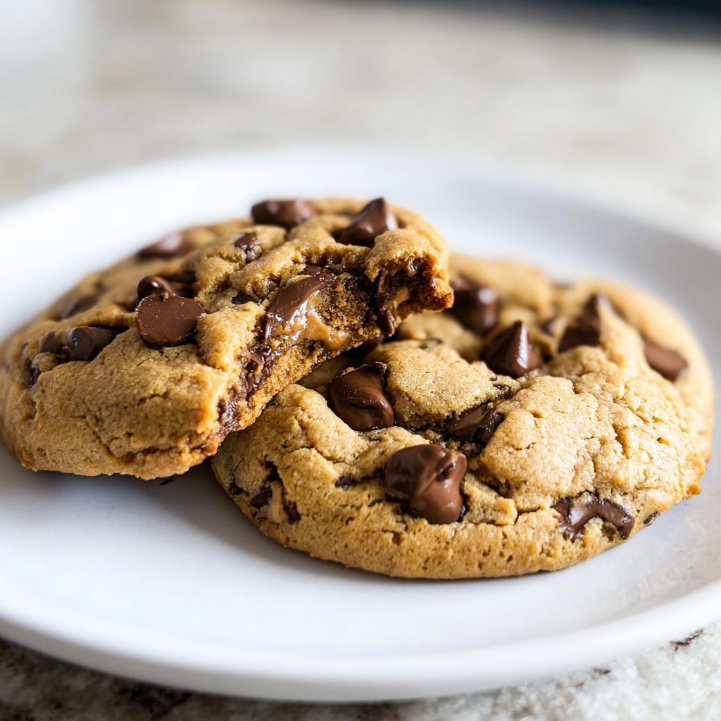 Close-up of two Peanut Butter Chocolate Chip Cookies on a white plate, one broken open revealing a gooey center.