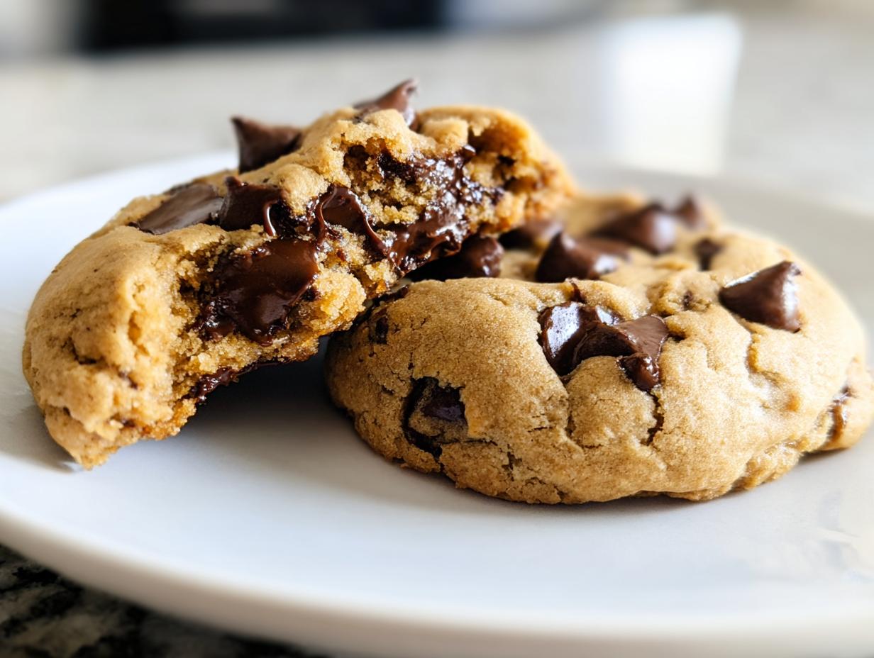 Close-up of two freshly baked Peanut Butter Chocolate Chip Cookies, one broken open revealing a molten chocolate center.