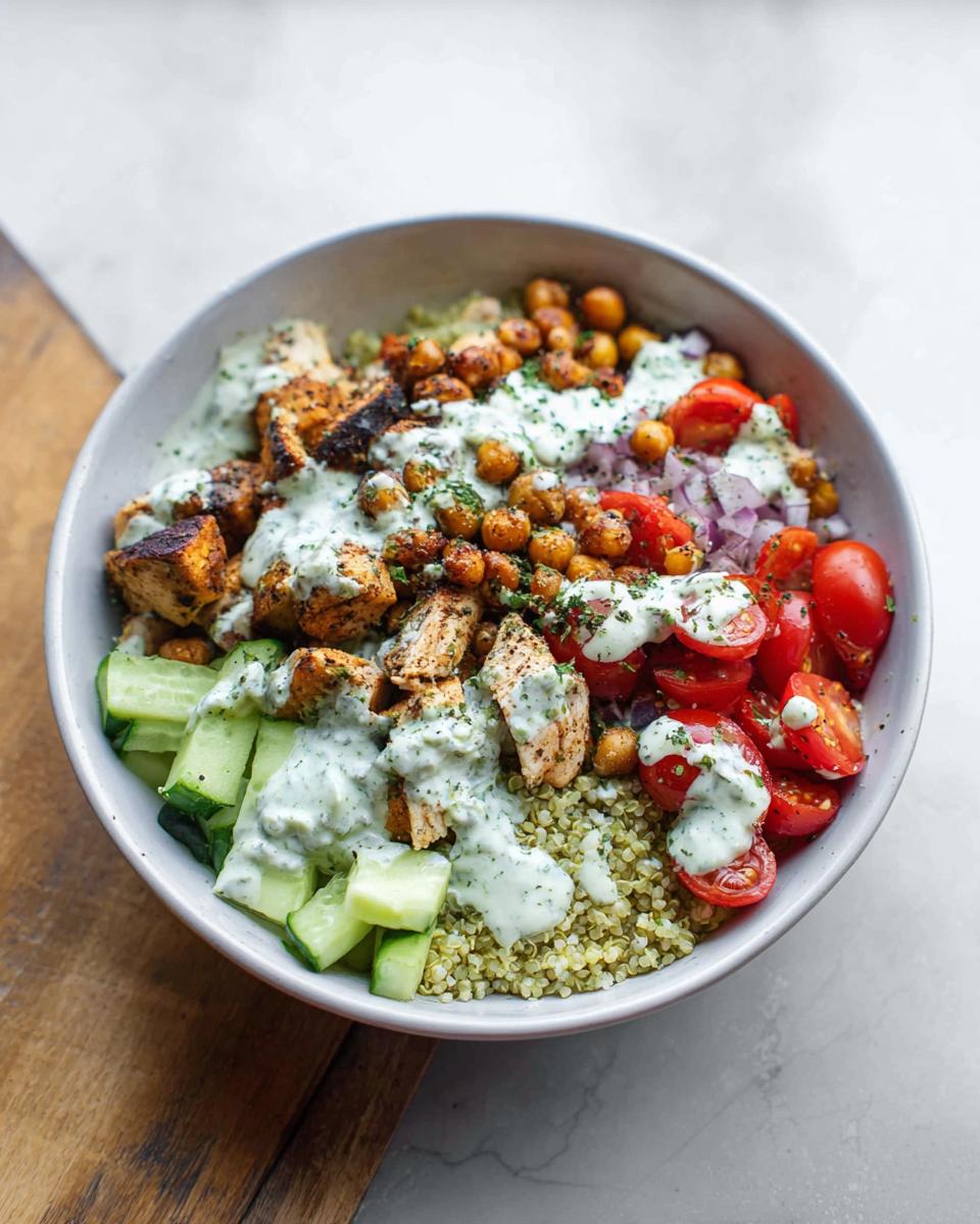 A vibrant bowl filled with quinoa, seasoned chicken, chickpeas, cucumbers, tomatoes, and drizzled with tzatziki sauce, making up the Greek Chicken Power Bowls.