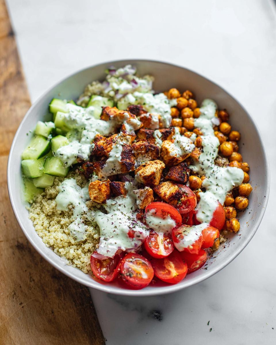 A vibrant bowl filled with quinoa, seasoned Greek chicken, cherry tomatoes, cucumbers, roasted chickpeas, and drizzled with tzatziki sauce.