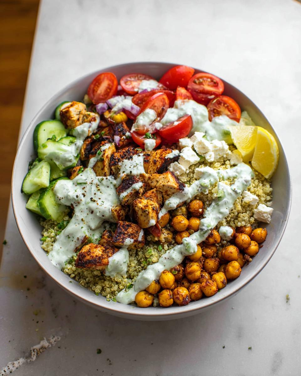 Close-up overhead view of Greek Chicken Power Bowls with tzatziki sauce drizzled over seasoned chicken and quinoa.