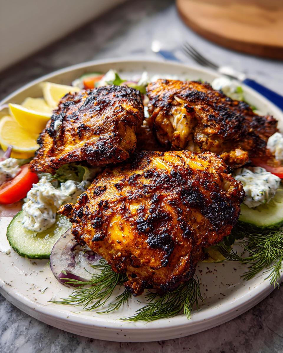 Three perfectly grilled Greek Yogurt Marinated Chicken Thighs served over a fresh salad with tzatziki sauce.