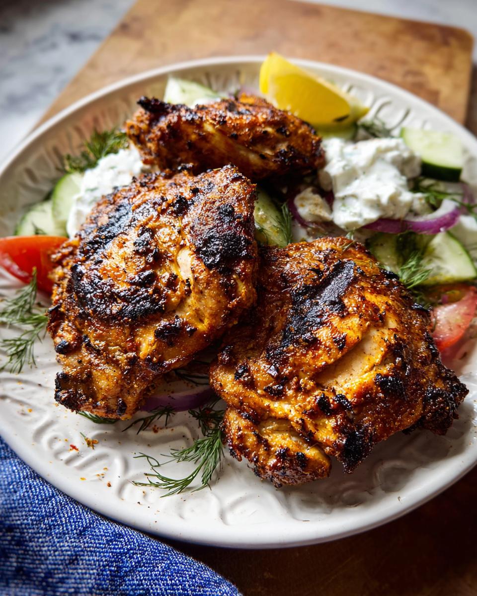 Three beautifully charred Greek Yogurt Marinated Chicken Thighs served on a white plate with tzatziki and fresh vegetables.