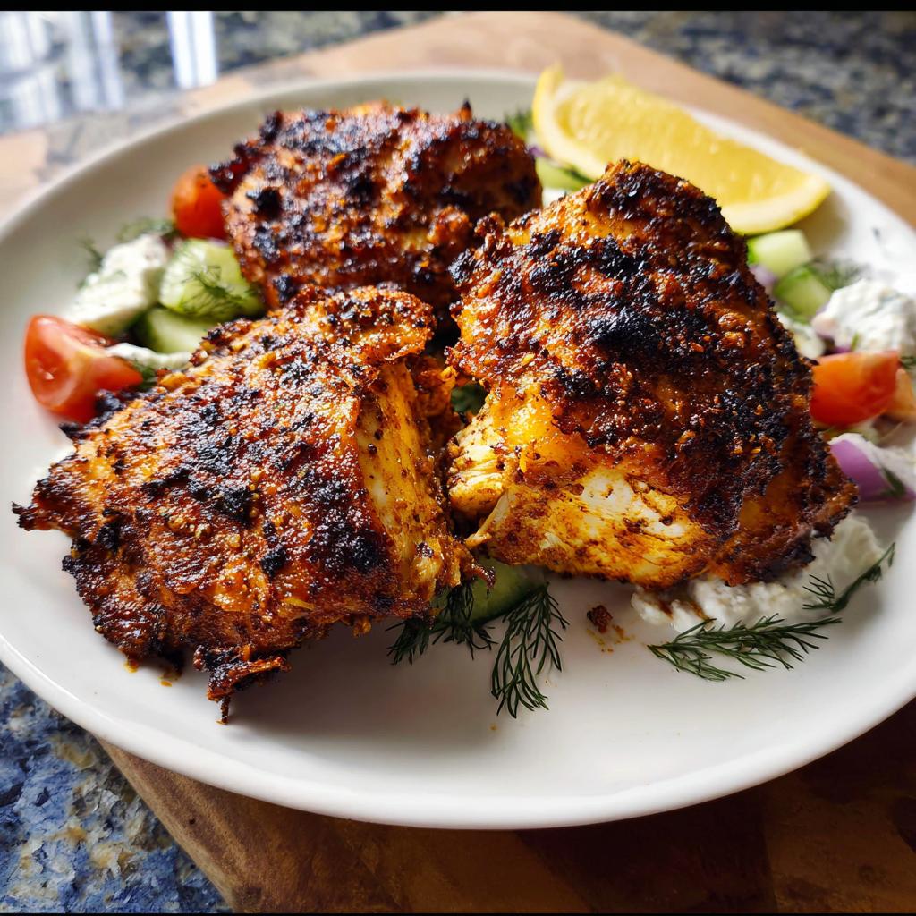 Three pieces of charred, spiced Greek Yogurt Marinated Chicken Thighs served over a cucumber and feta salad.