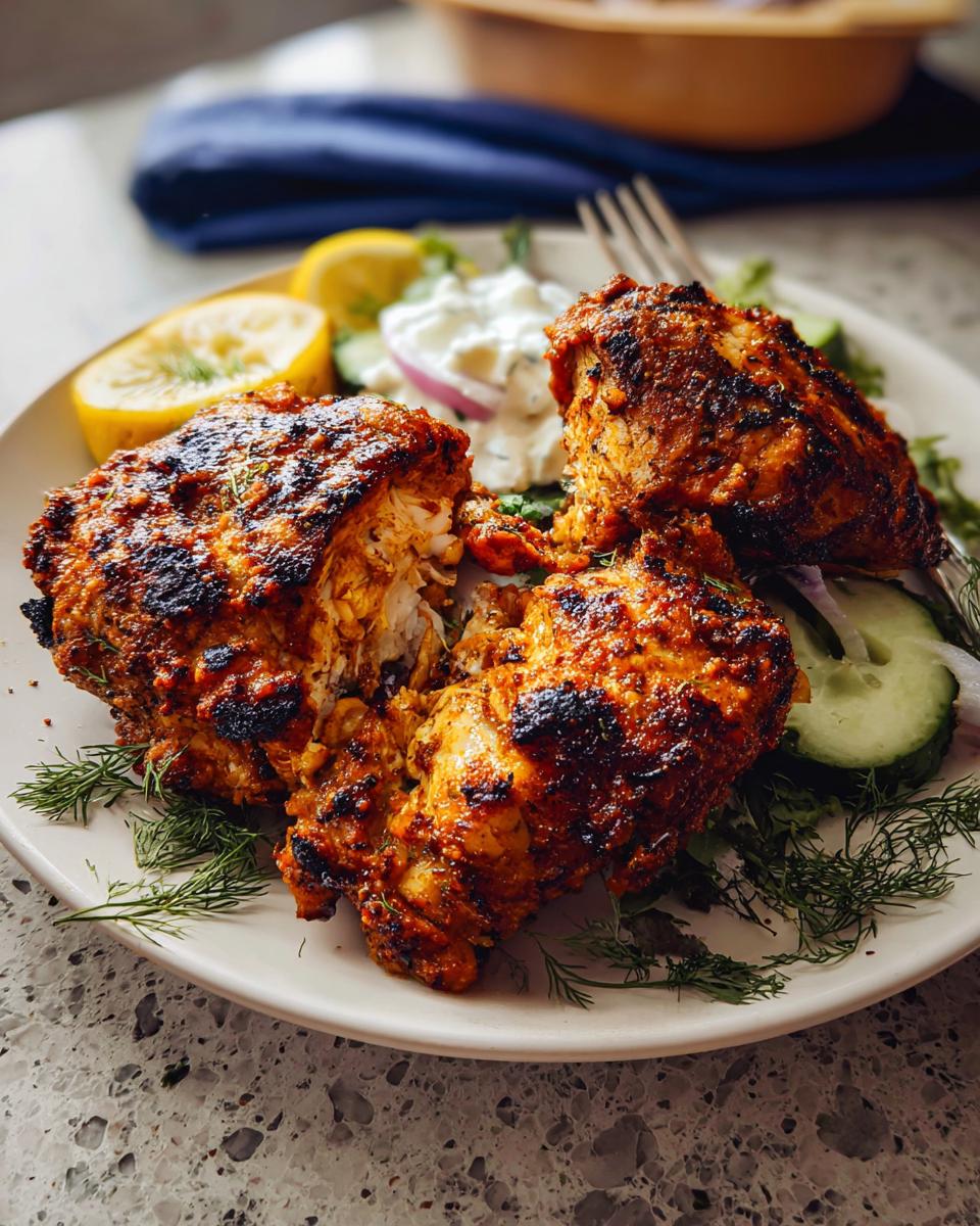 Three pieces of charred, spiced Greek Yogurt Marinated Chicken Thighs served with cucumber, onion, and tzatziki.