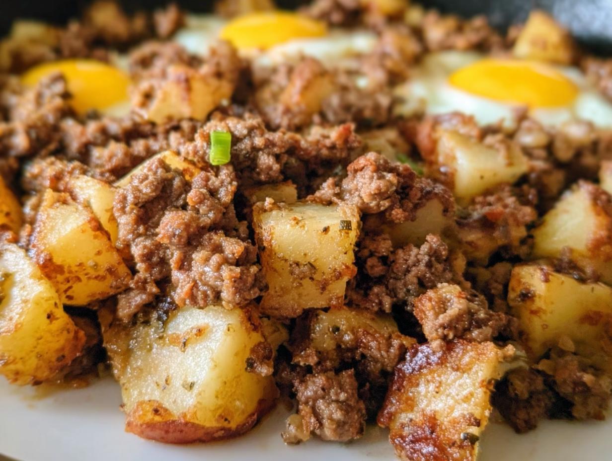 Close-up of a hearty Ground Beef and Potato Hash Skillet featuring browned potatoes, seasoned ground beef, and sunny-side-up eggs.