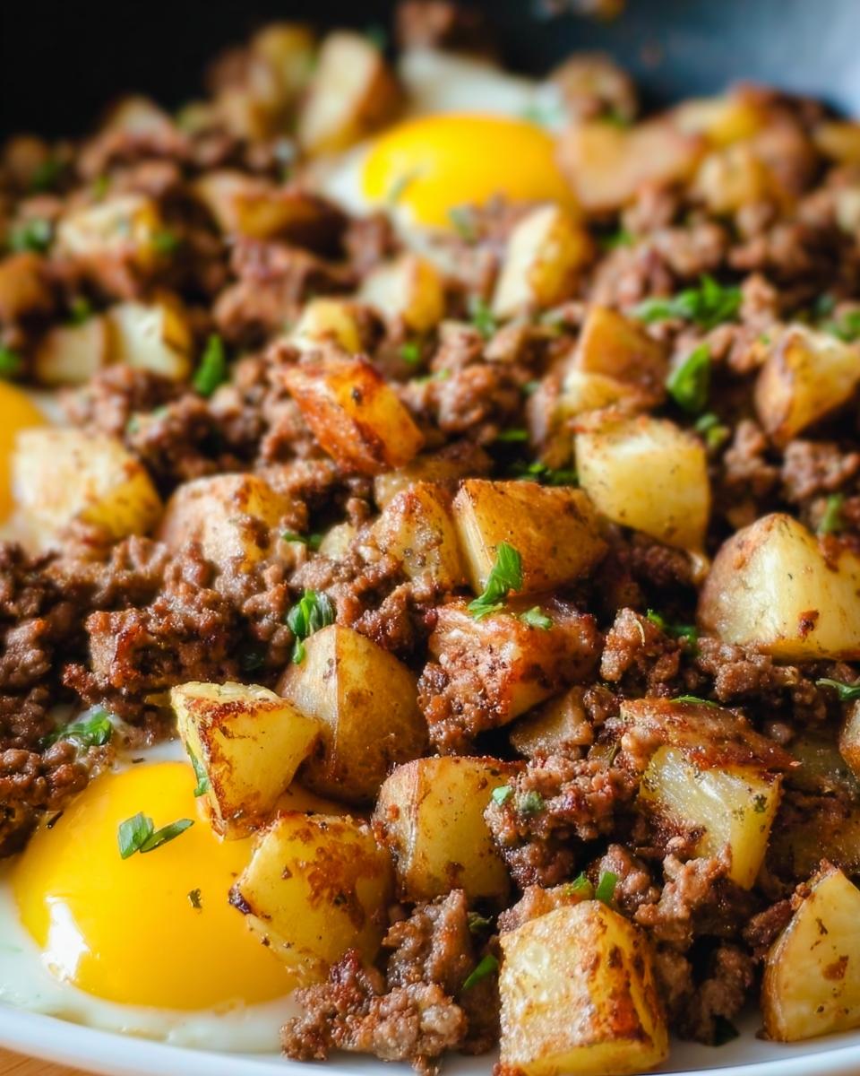 Close-up of Ground Beef and Potato Hash Skillet topped with perfectly cooked sunny-side-up eggs and parsley.