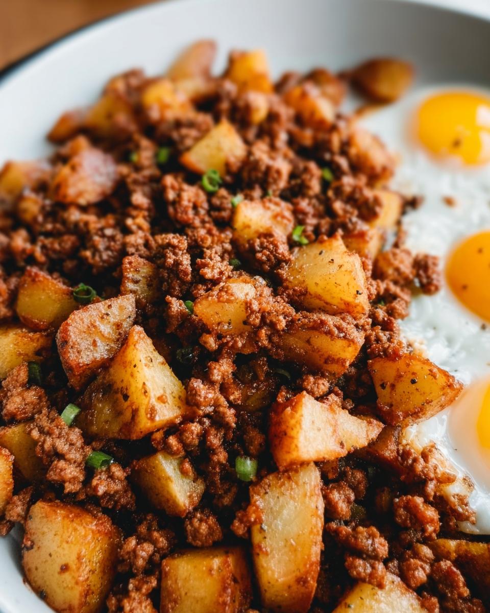 Close-up of a hearty Ground Beef and Potato Hash Skillet mixed with seasoned ground beef and cubed potatoes, served with sunny-side-up eggs.