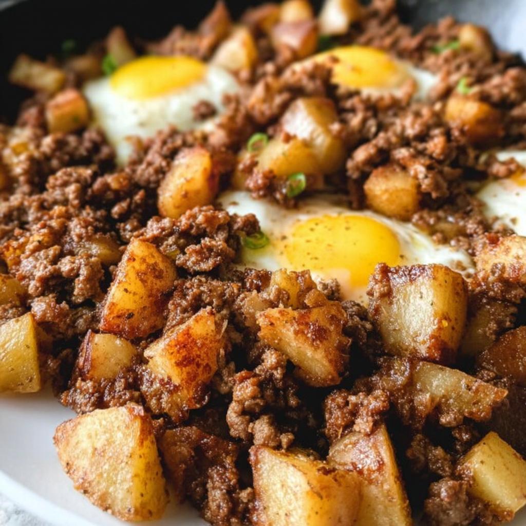Close-up of a hearty Ground Beef and Potato Hash Skillet topped with several sunny-side-up eggs.