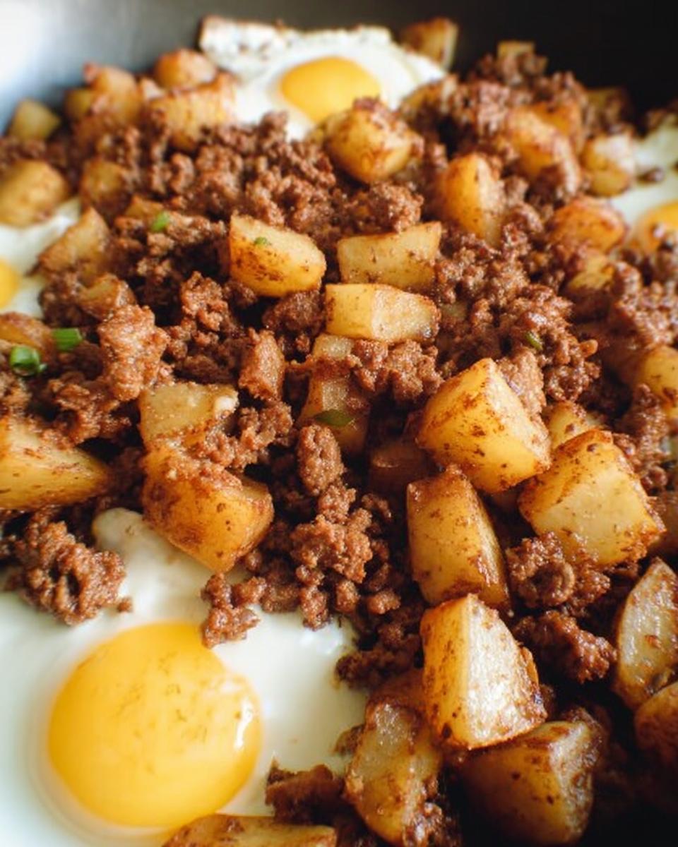 Close-up of Ground Beef and Potato Hash Skillet topped with sunny-side-up eggs.