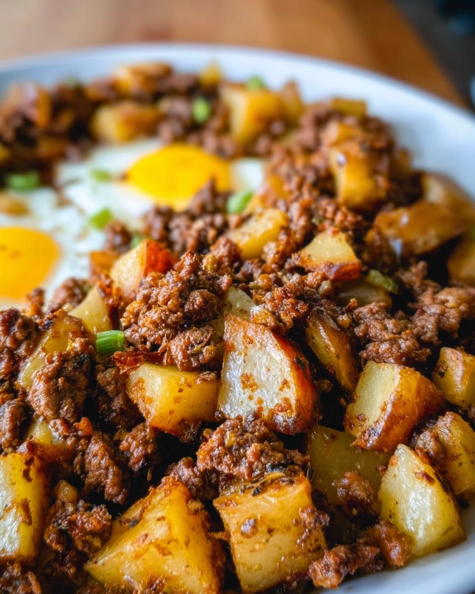 Close-up of a hearty Ground Beef and Potato Hash Skillet topped with two sunny-side-up eggs.