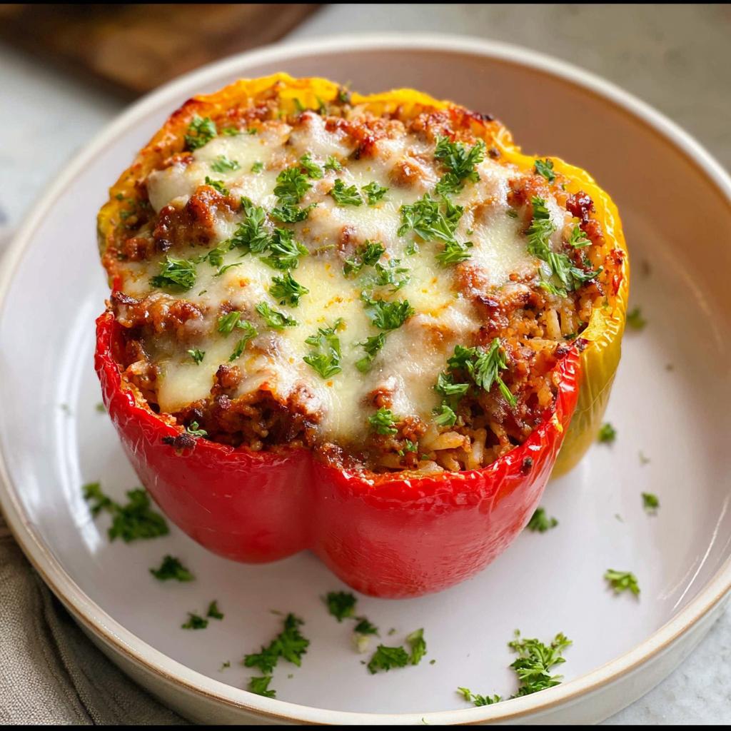 A single, vibrant red and yellow Ground Beef Stuffed Bell Pepper topped with melted cheese and fresh parsley.
