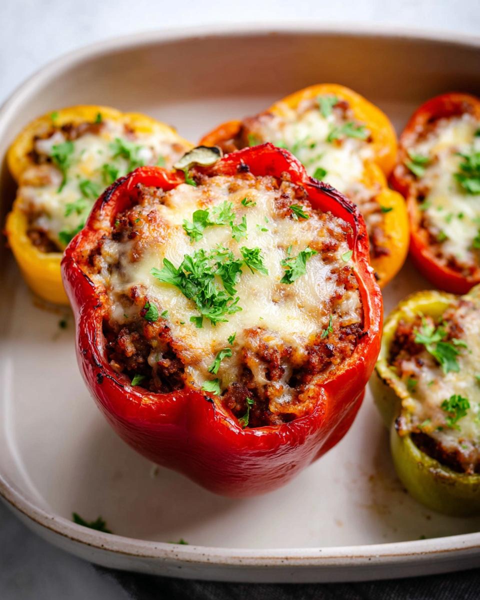 Close-up of baked Ground Beef Stuffed Bell Peppers topped with melted cheese and fresh parsley.
