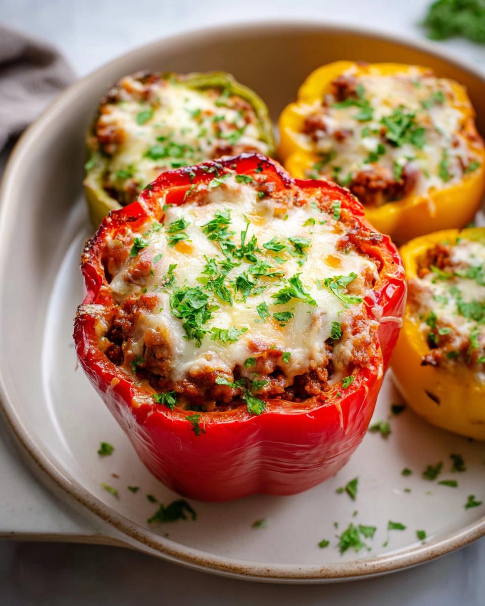 Close-up of baked Ground Beef Stuffed Bell Peppers topped with melted cheese and fresh parsley.